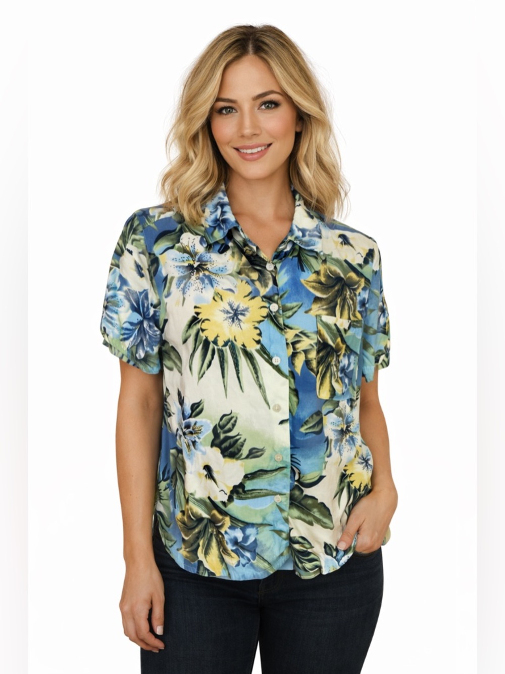 Vintage Y2K Route 66 Tropical Floral Hawaiian Shirt Blue Green Button Up Blouse